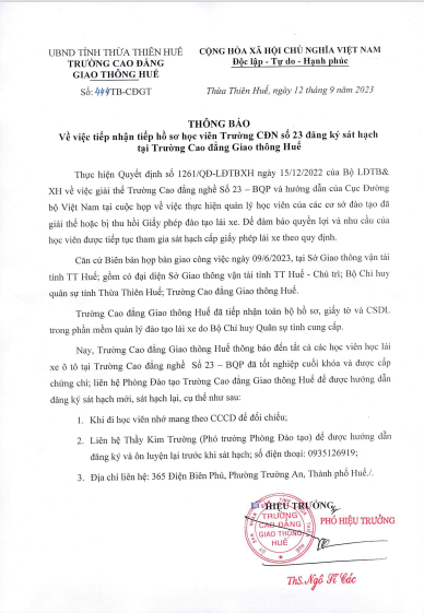 Thông báo về việc tiếp nhận hồ sơ học viên Trường Cao đẳng nghề số 23 đăng ký sát hạch tại Trường Cao đẳng Giao thông Huế